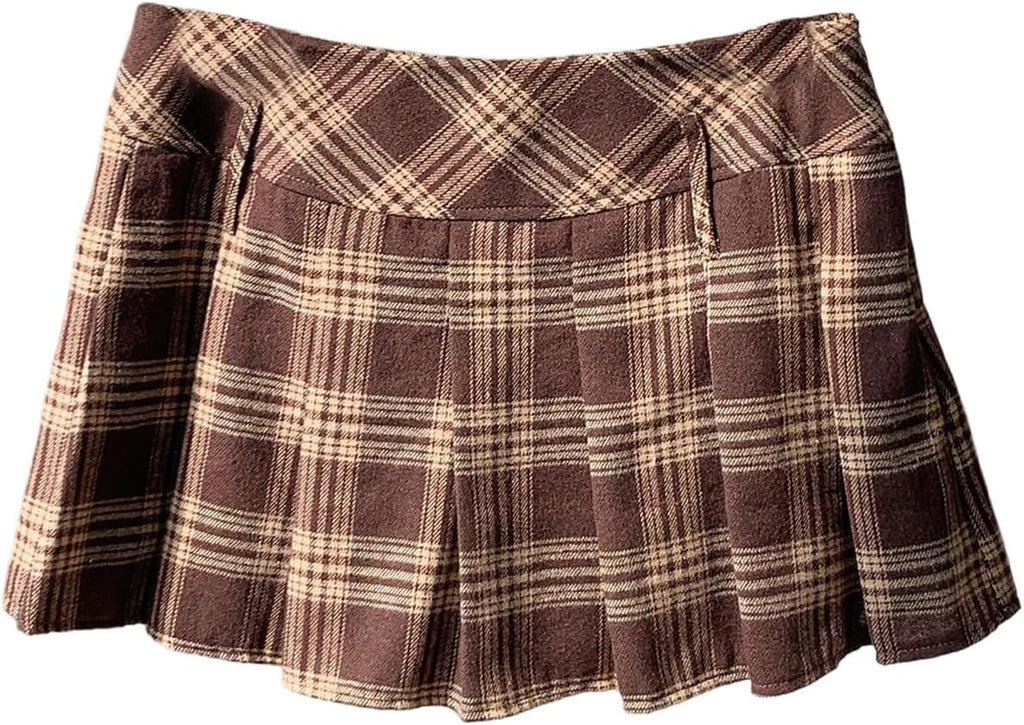 Women Plaid Mini Skirts Pleated Hem Uniform Skater Skirt Built in Shorts