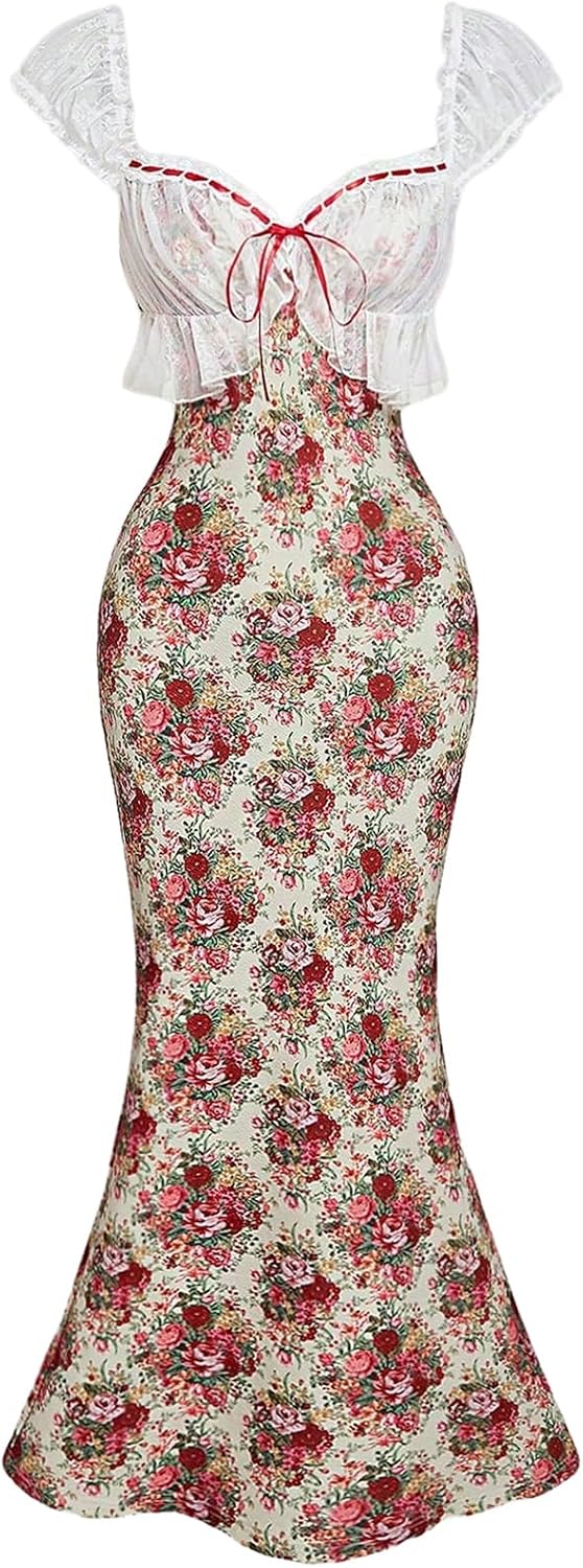 Women Lace Floral Tea Party Vintage Maxi Dress Summer Graduation Cocktail Wedding Guest Fishtail Sundress