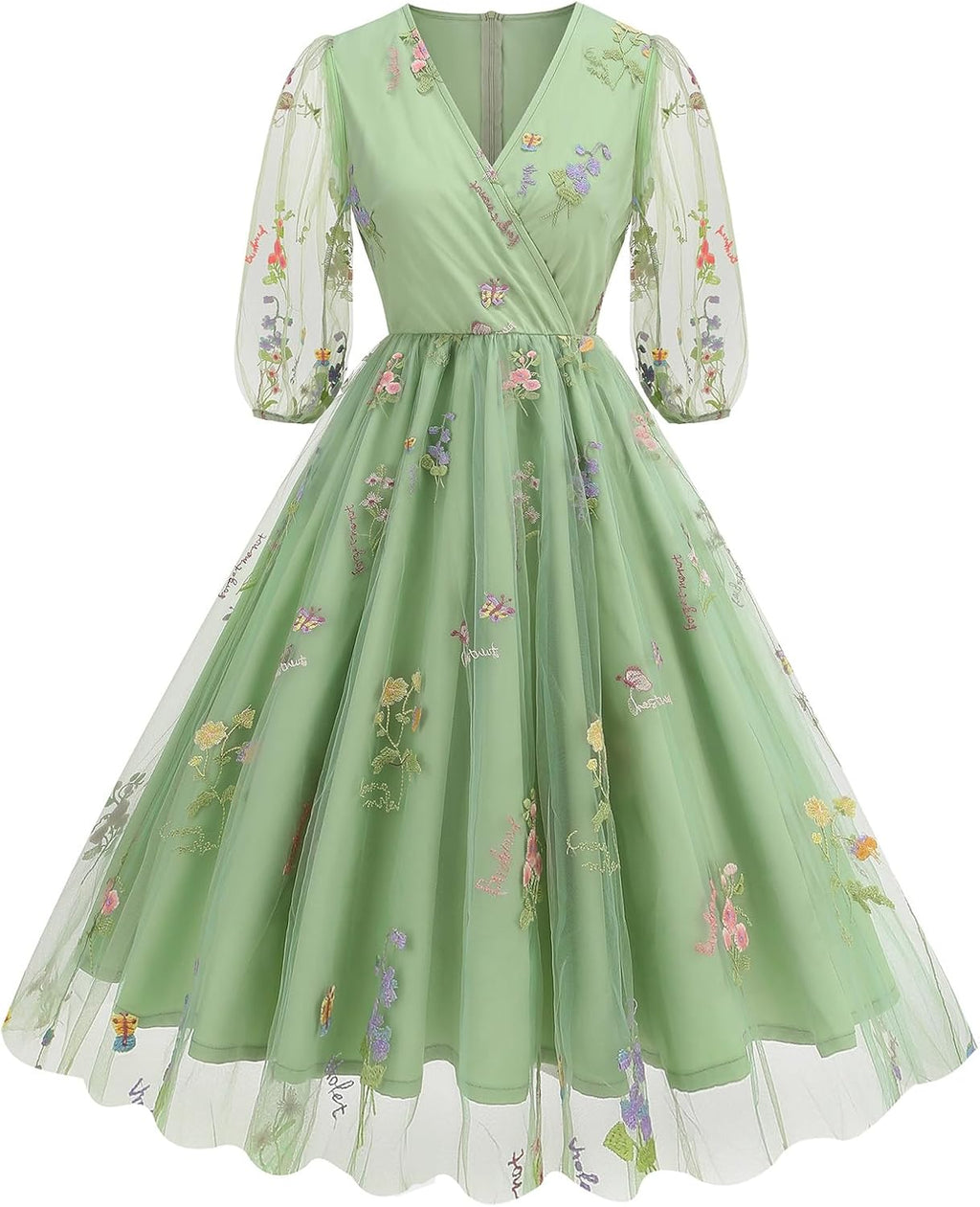 Women Half Sleeve Flower Embroidery Tulle Prom Dress Formal Party Gown Wrap V Neck Flare A Line Wedding Guest Cocktail Dress