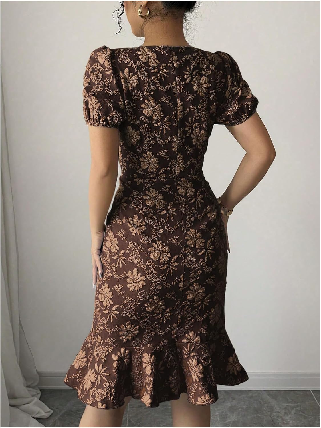 Women Puff Sleeve Ruffle Dress Elegant Jacquard Crew Neck Bodycon Going Out Dresses