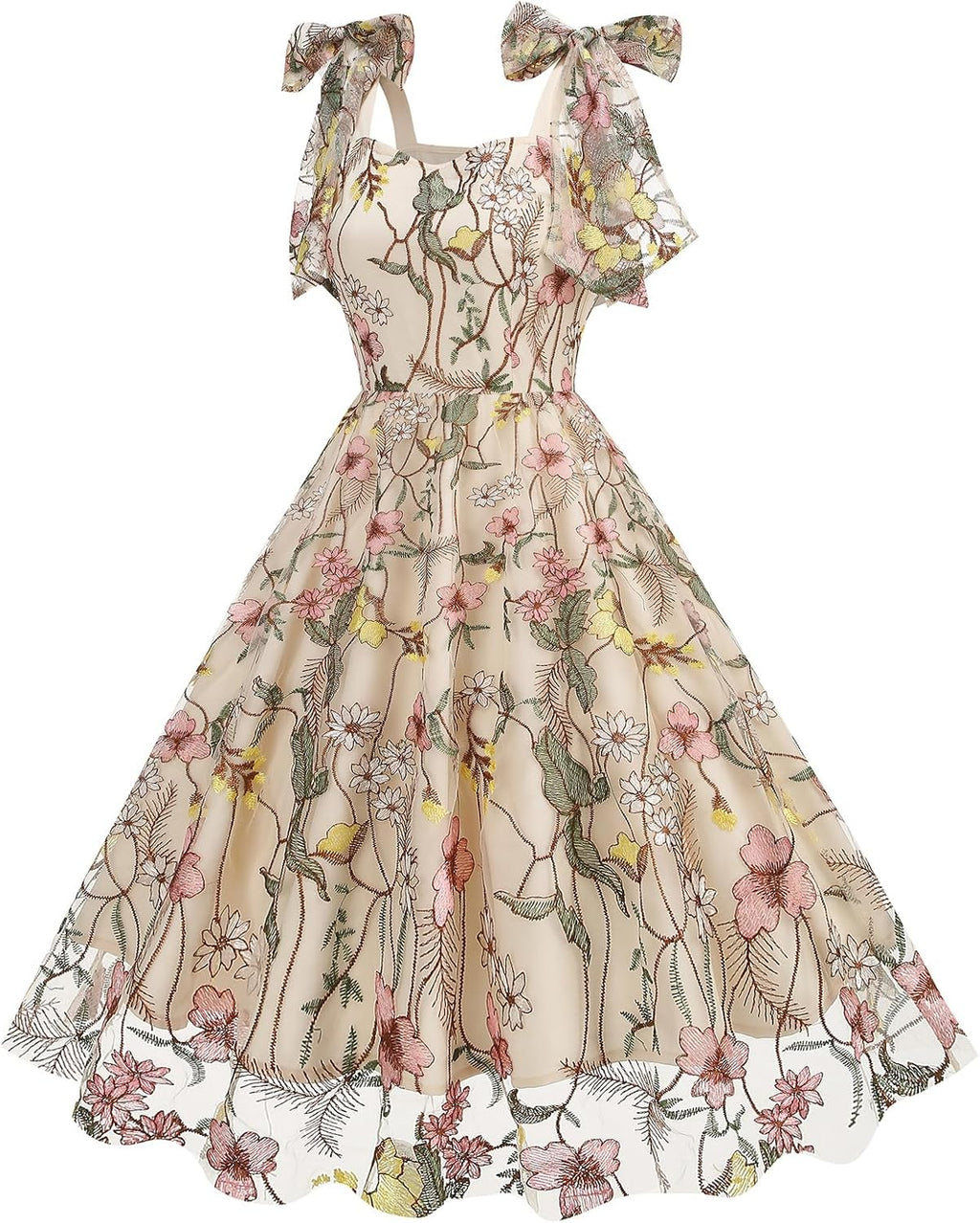 Floral Embroidery Dress for Women Sleeveless Spaghetti Straps Floral Mesh Dress Cocktail Embroidered Tulle Dress