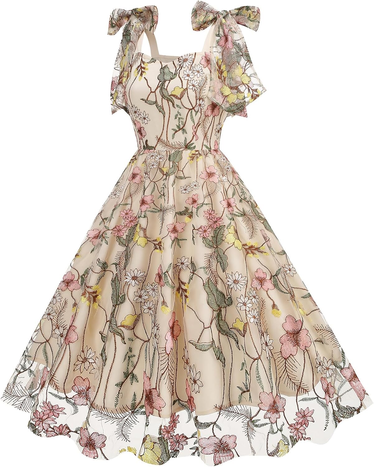 Floral Embroidery Dress for Women Sleeveless Spaghetti Straps Floral Mesh Dress Cocktail Embroidered Tulle Dress