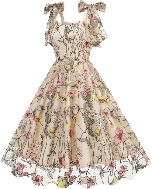 Floral Embroidery Dress for Women Sleeveless Spaghetti Straps Floral Mesh Dress Cocktail Embroidered Tulle Dress