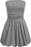 Women Cocktail Dress Gingham Bubble Tube Dress Strapless Ruched Sleeveless Dresses for Summer Trendy