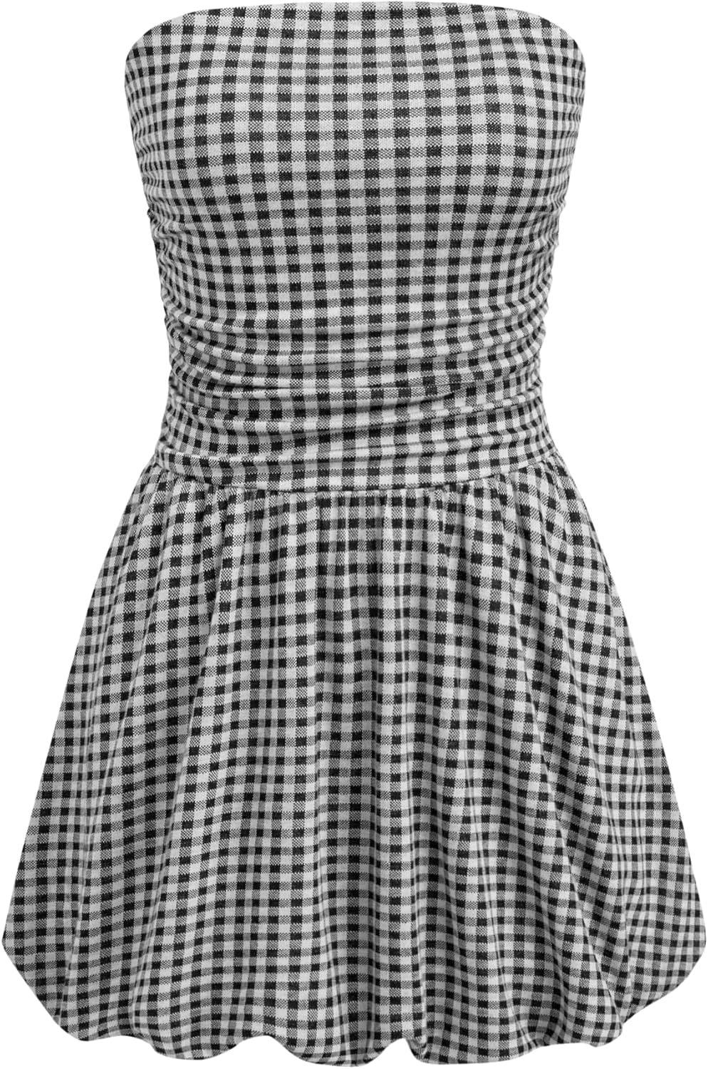 Women Cocktail Dress Gingham Bubble Tube Dress Strapless Ruched Sleeveless Dresses for Summer Trendy