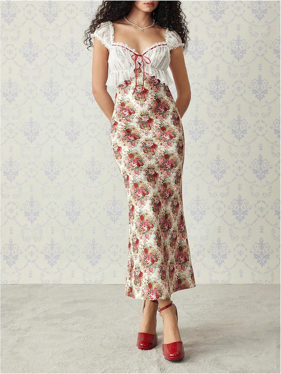 Women Lace Floral Tea Party Vintage Maxi Dress Summer Graduation Cocktail Wedding Guest Fishtail Sundress