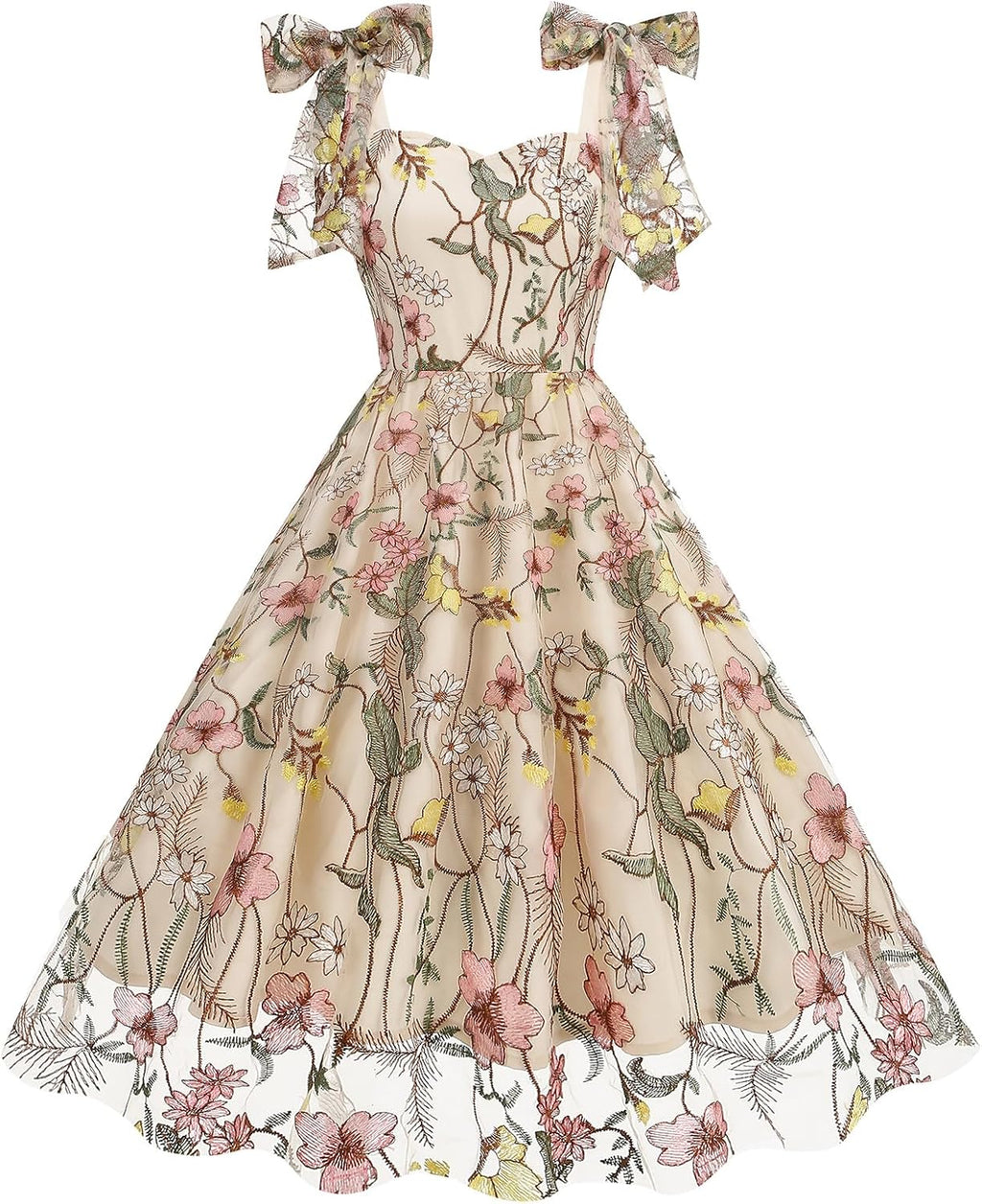 Floral Embroidery Dress for Women Sleeveless Spaghetti Straps Floral Mesh Dress Cocktail Embroidered Tulle Dress