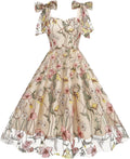 Floral Embroidery Dress for Women Sleeveless Spaghetti Straps Floral Mesh Dress Cocktail Embroidered Tulle Dress