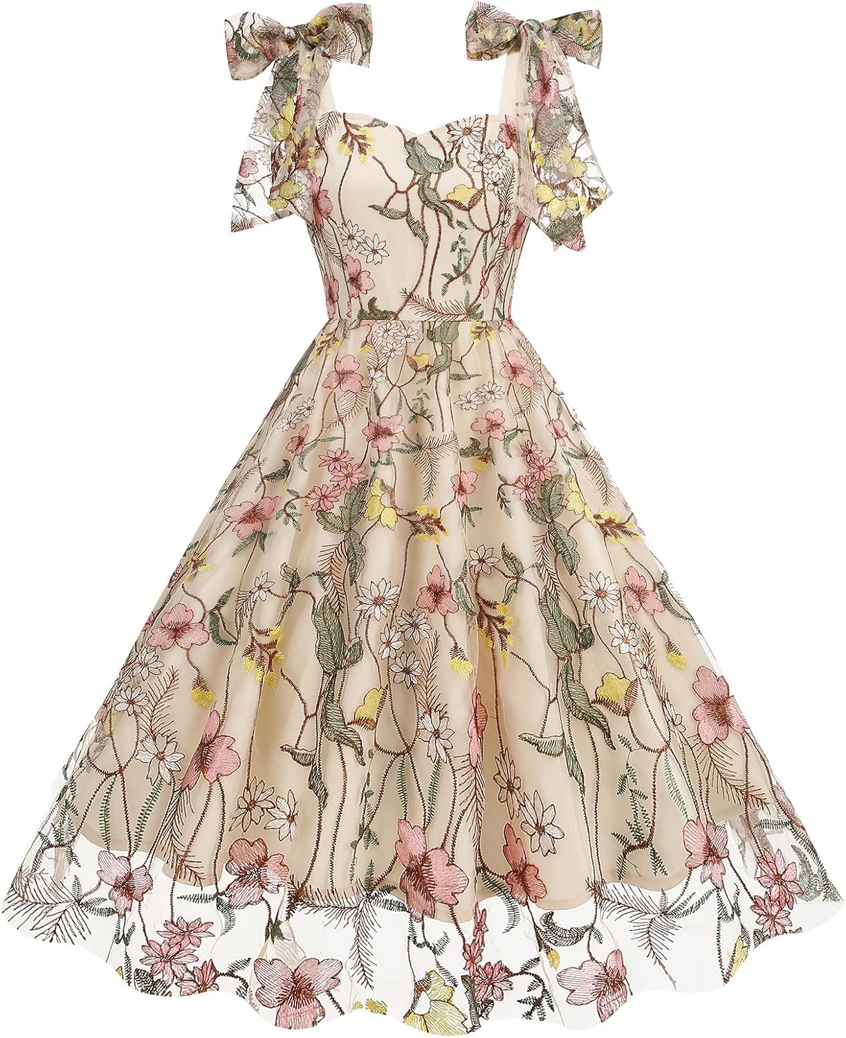Floral Embroidery Dress for Women Sleeveless Spaghetti Straps Floral Mesh Dress Cocktail Embroidered Tulle Dress