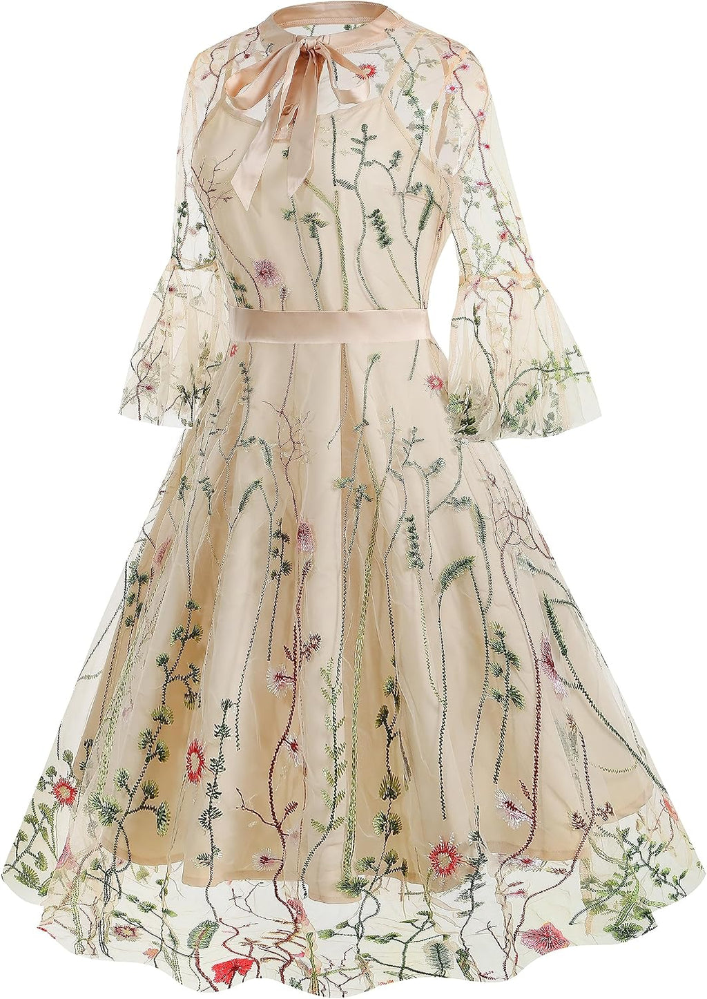 Women Mesh Floral Embroidery Vintage Cocktail Swing Dress Illusion 50s Goth Flared A line Casual Wedding Prom Evening Dress