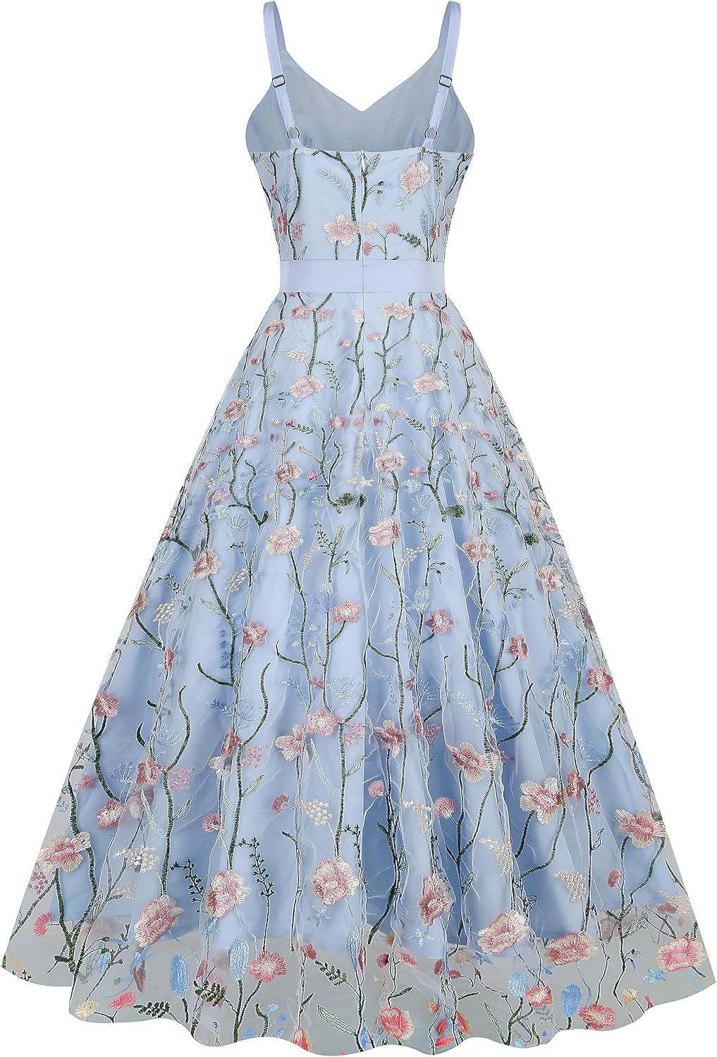 Long Floral Embroidery Dress for Women Flower Embroidered Maxi Dress Spaghetti Straps Formal Evening Party Tulle Prom Dress