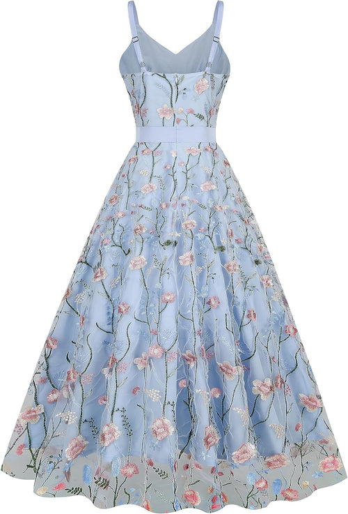 Long Floral Embroidery Dress for Women Flower Embroidered Maxi Dress Spaghetti Straps Formal Evening Party Tulle Prom Dress