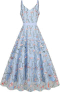 Long Floral Embroidery Dress for Women Flower Embroidered Maxi Dress Spaghetti Straps Formal Evening Party Tulle Prom Dress