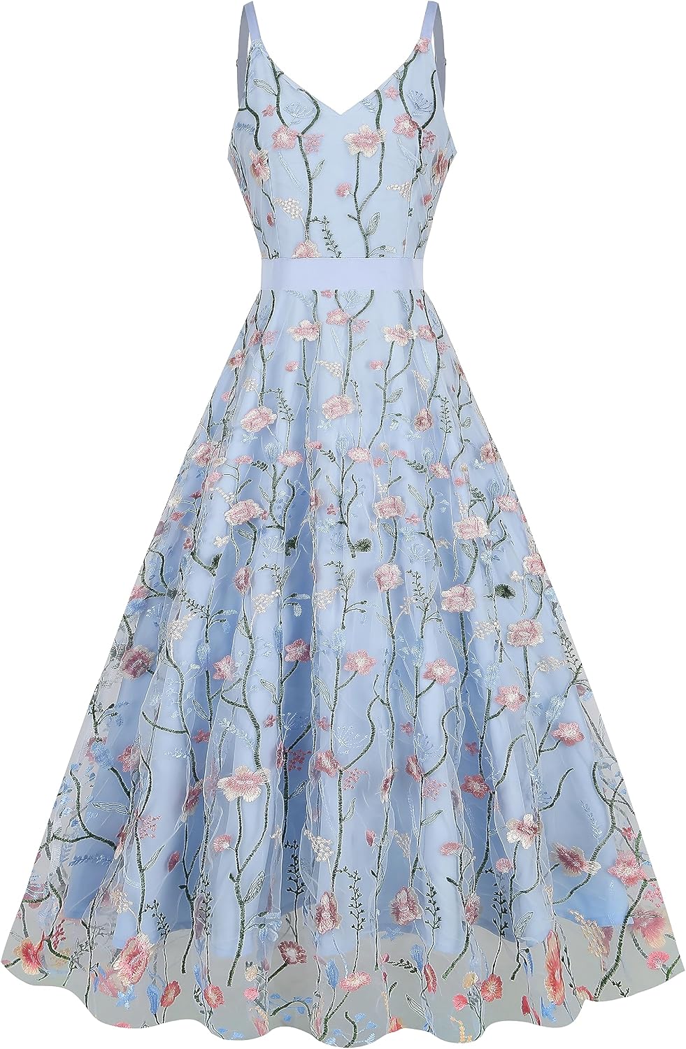 Long Floral Embroidery Dress for Women Flower Embroidered Maxi Dress Spaghetti Straps Formal Evening Party Tulle Prom Dress